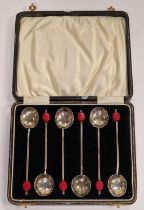 Set of six silver hallmarked coffee bean spoons in fitted case Birmingham 1932 42g total weight.