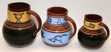 Set of 3 graduated Brownfield Bass earthenware water jugs. The largest being 15cms tall