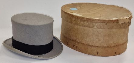 Antique A.J. White ltd quality grey fabric gentleman's top hat with storage box.