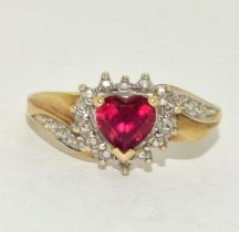 9ct gold ladies Ruby Heart ring set with Diamonds size R