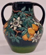 Moorcroft large twin handled vase 1997 signed and stamped to base 27cm tall.