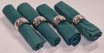 Set of four Kings Crown Walker & Hall RAF silver plated chrome napkin rings and napkins London Assay