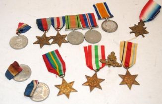 A collection of WWI and WWII medals including a WWI 1914-15 Star awarded to G-1759 Pte Beckenham