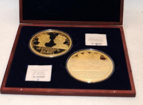 2 x Very Large Gold Plated Queen Elizabeth II Commemorative Medals, Each 100mm across and weighing