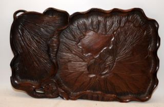 Super quality Art Nouveau Japanese hand carved wooden platter featuring leaves and a lotus flower.