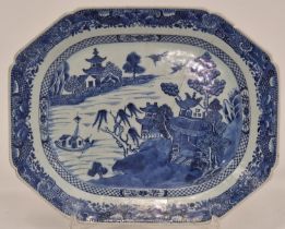 18th Century Chinese blue and white platter with historic staple repair, please examine 32x40cm.