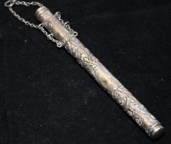 Ornate Edwardian sterling silver thermometer holder, hallmarked for Birmingham 1904. O/all length