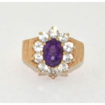 9ct gold ladies antique set Amethyst ring in the halo style with bark effect shank size M 3.8g