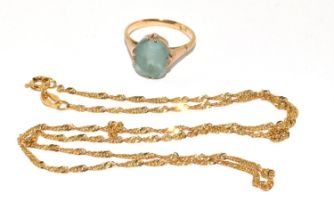 9ct gold ladies Aquamarine ring set in a vintage setting size K together a gold chain total 4g