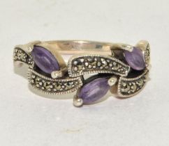 A 925 silver marcasite and amethyst ring Size Q