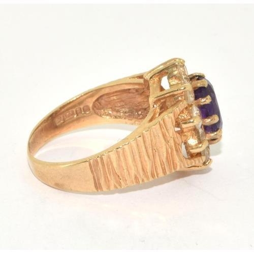 9ct gold ladies antique set Amethyst ring in the halo style with bark effect shank size M 3.8g - Image 4 of 5