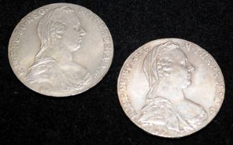 2 x Maria Theresa Thaler Silver bullion coins. Each weighing 28g