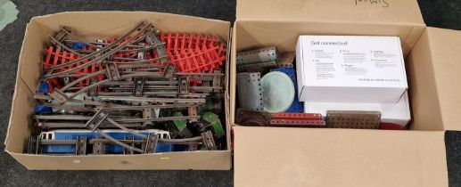 Box of vintage Meccano together with a vintage clockwork train set.