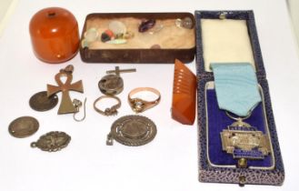 Collection of mixed items to include a silver medal , lose semi precious stones, possibly gold and