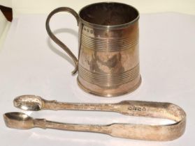 Silver H/M christening tankard together a silver pair of sugar nips 135g