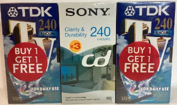 COLLECTION OF SEALED NEW VIDEO VHS TAPES. Here we find makes TDK TV 240 x 6 plus Sony CD 240 x 3.