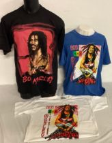 BOB MARLEY UNWORN T.SHIRTS X 3. Here we have a large size in black followed by 2 medium sizes in
