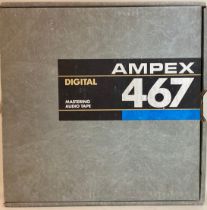 AMPEX 467 DIGITAL REEL OF MASTERING TAPE. Found here in original box and on 10.5” metal Ampex