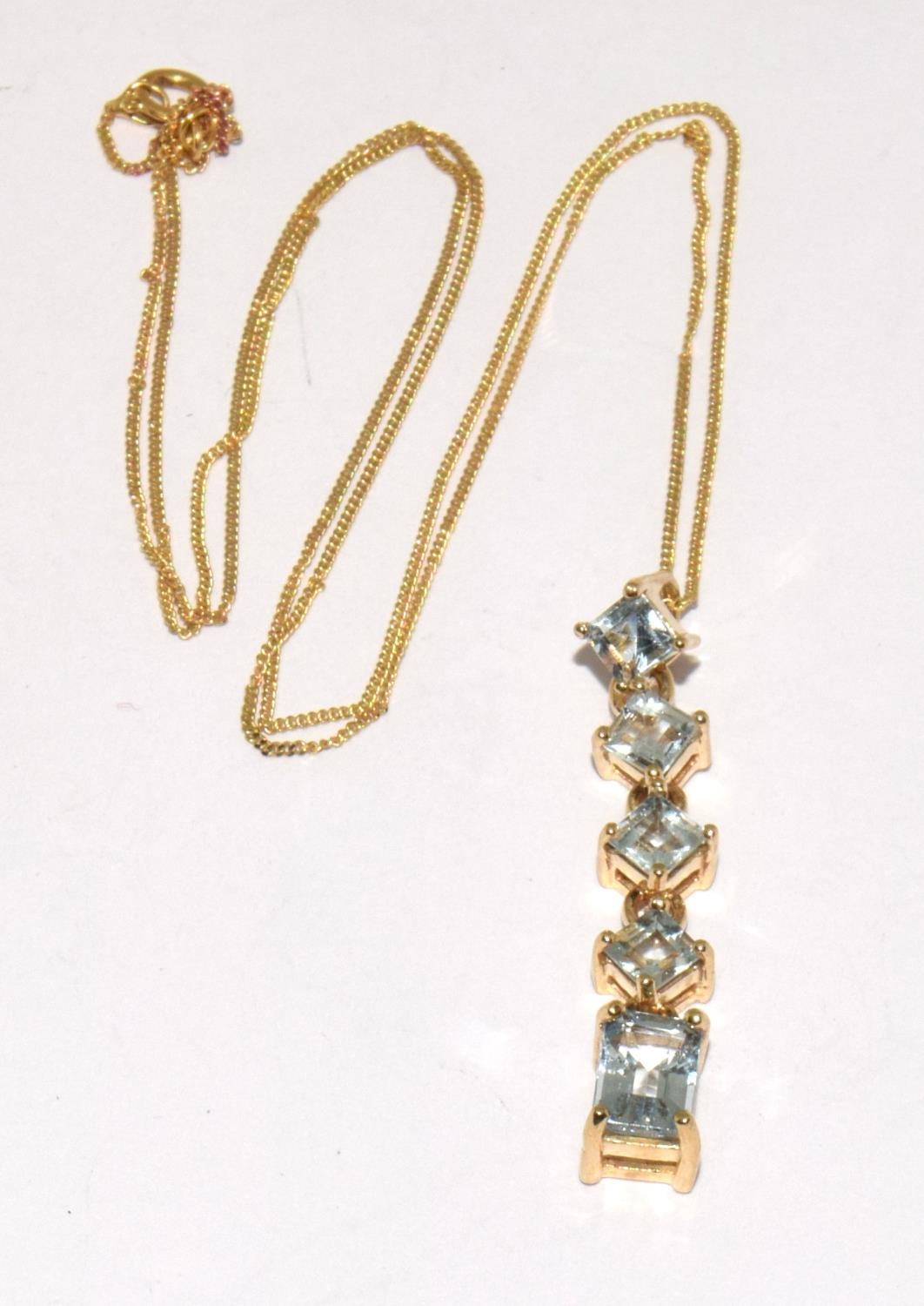 9ct gold 5 stone drop Aquamarine pendant necklace with chain 40cm
