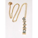 9ct gold 5 stone drop Aquamarine pendant necklace with chain 40cm