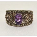 A 925 silver marcasite and amethyst ring Size M
