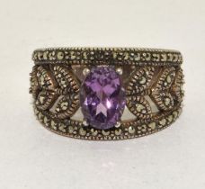 A 925 silver marcasite and amethyst ring Size M