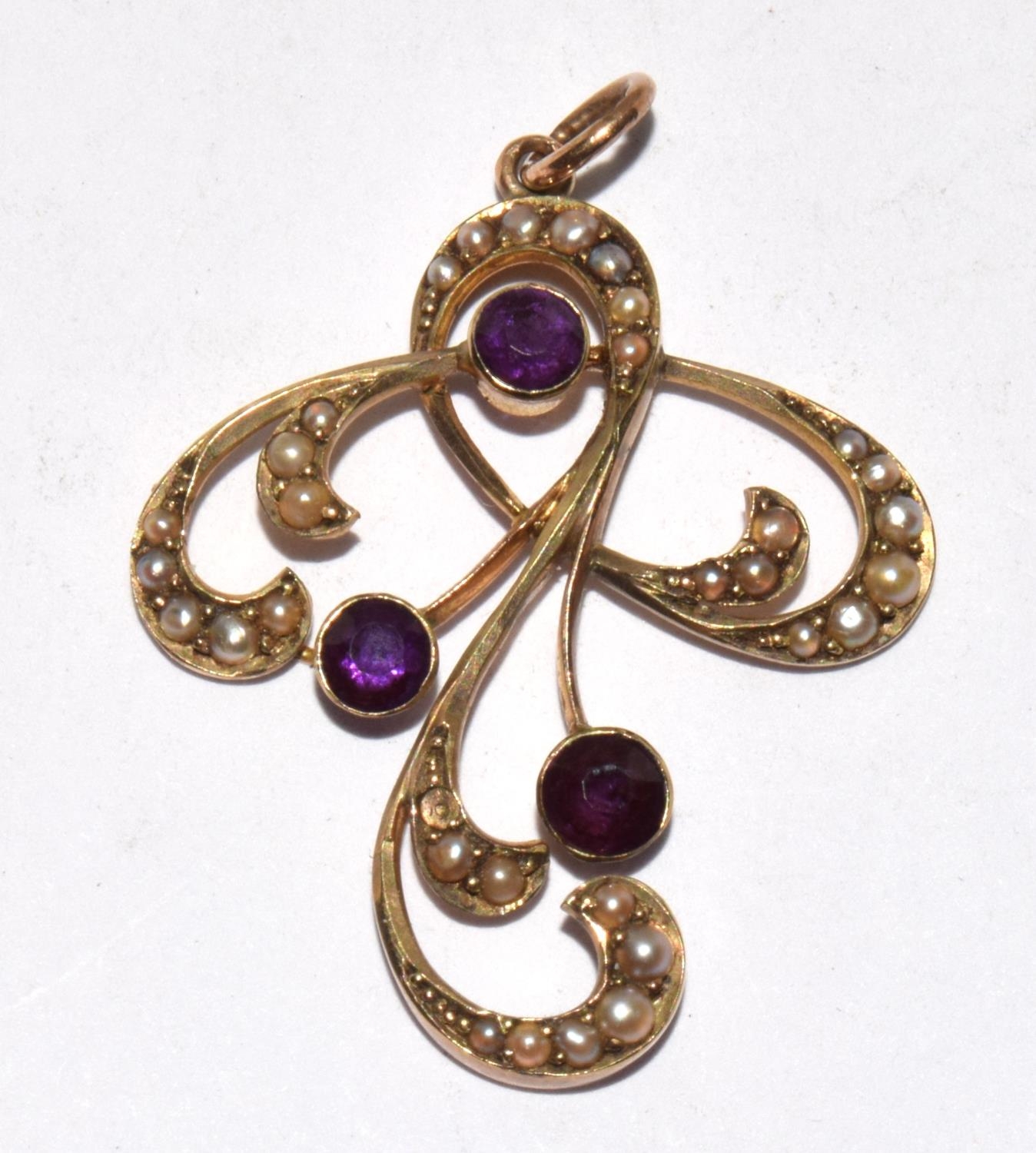 9ct gold vintage Belle Epoque pendant set with Amethyst and Pearls - Image 5 of 5
