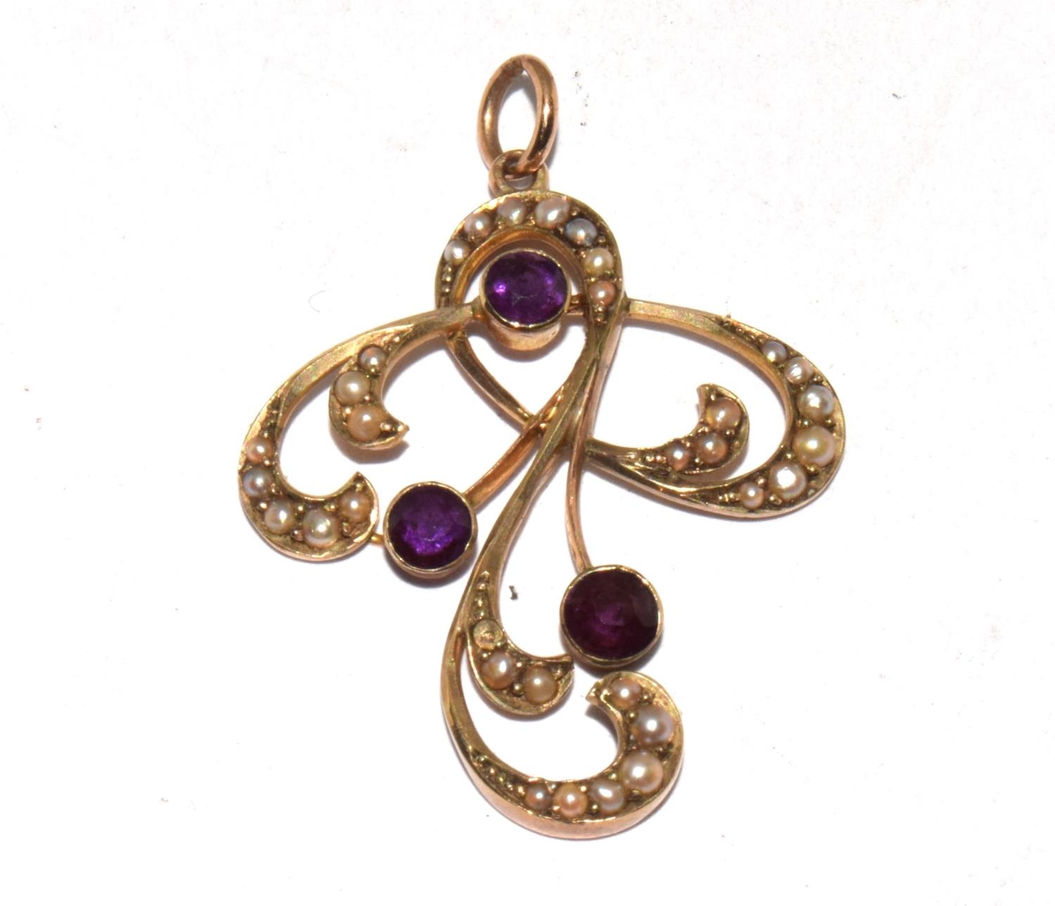 9ct gold vintage Belle Epoque pendant set with Amethyst and Pearls