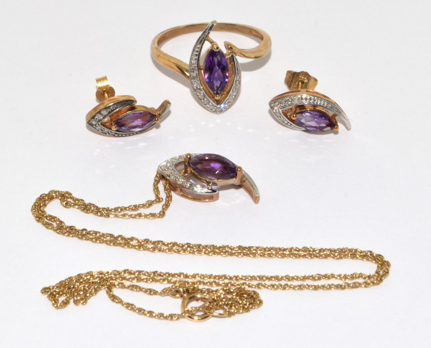 9ct Gold Diamond Marquise Cut Amethyst Earrings, Necklace & Ring Set. Size M