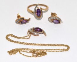 9ct Gold Diamond Marquise Cut Amethyst Earrings, Necklace & Ring Set. Size M