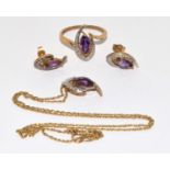 9ct Gold Diamond Marquise Cut Amethyst Earrings, Necklace & Ring Set. Size M