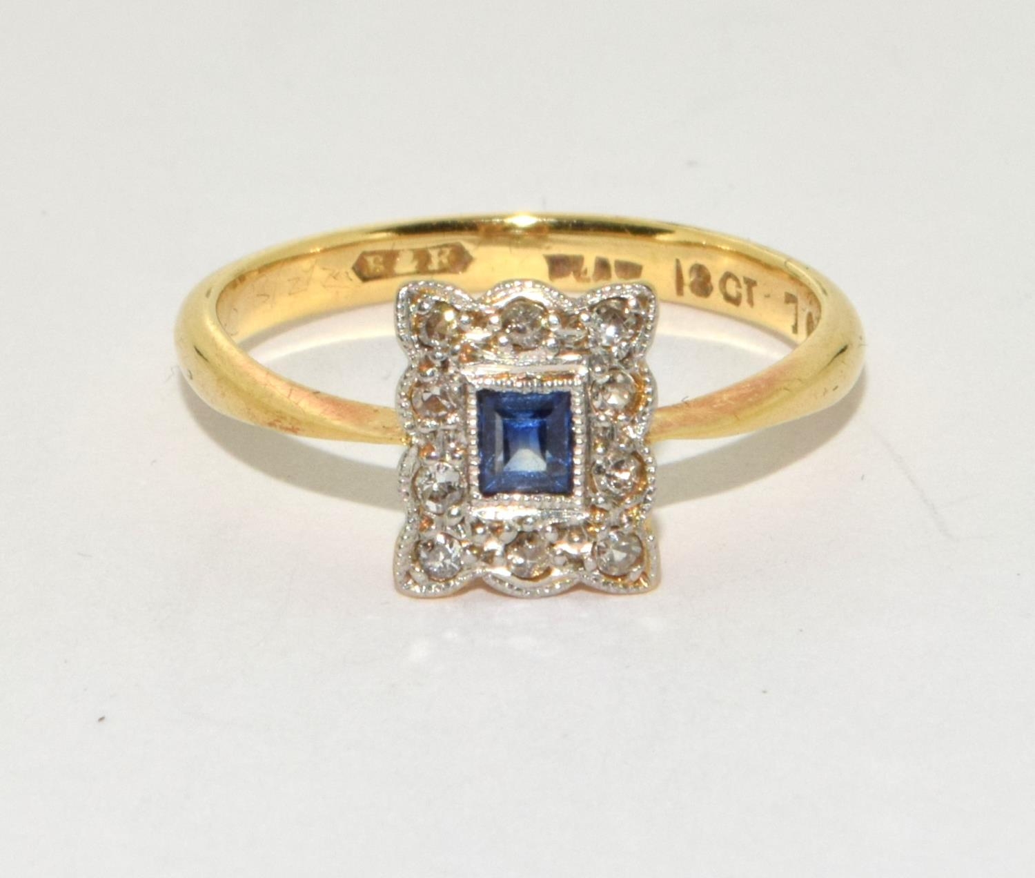 18ct gold Art Deco style ring set with central Sapphire surrounded by Diamonds in a square setting