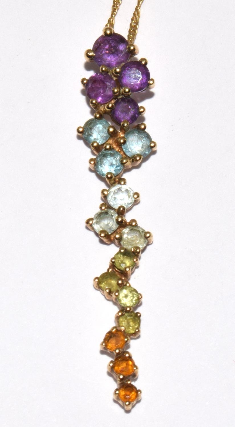 9ct gold Multi jem stone pendant necklace of Peridot, Topaz, Amethyst, and Citrine chain 46cm - Image 6 of 6