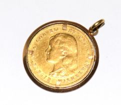 Gold Dutch 10 Guilder set in a 9ct gold mount total weight 8.2g