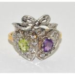 925 silver gilt Interlocking Hearts Amethyst ring size