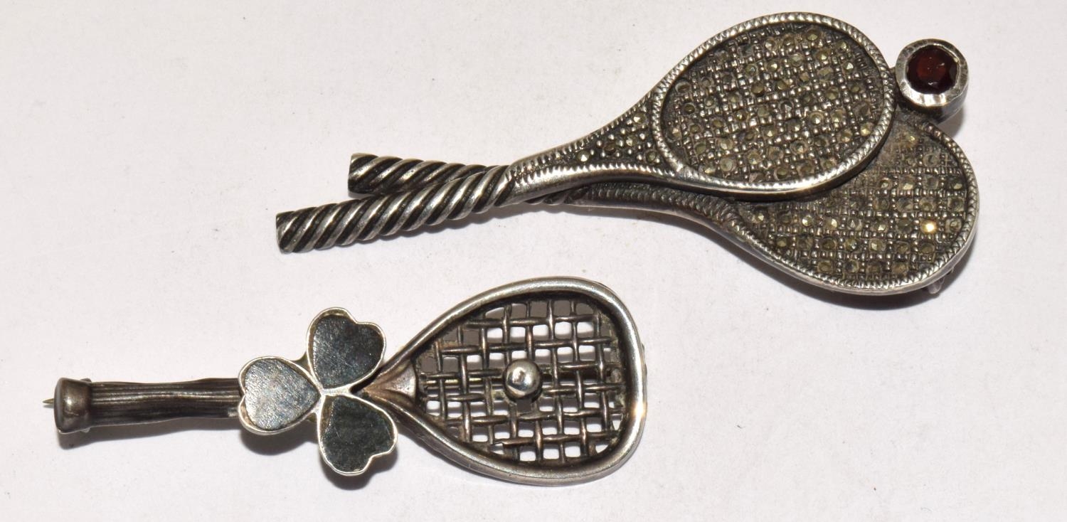 2 x silver hallmarked Marcasite set Tennis racket brooches