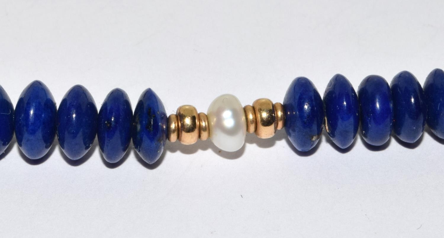 9ct gold clasp Lapiz Lazuli and Pearl necklace with gold bead spacers 40cm long - Bild 3 aus 5