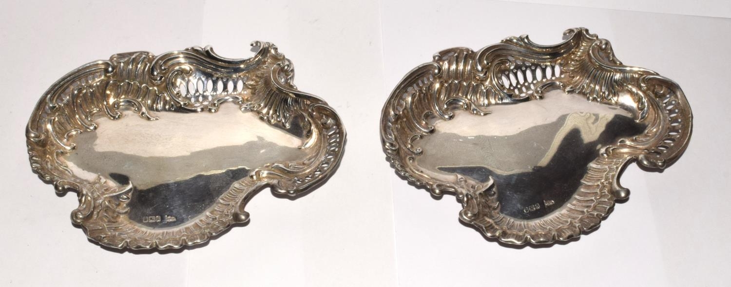 Pair silver Walker and Hall H/M embossed bon bon dishes 15x12cm