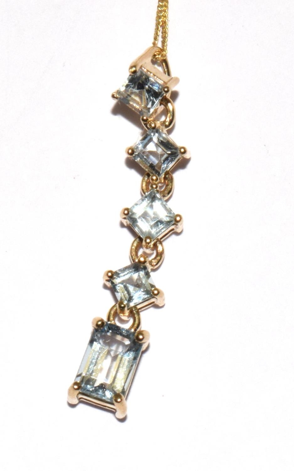 9ct gold 5 stone drop Aquamarine pendant necklace with chain 40cm - Image 7 of 7