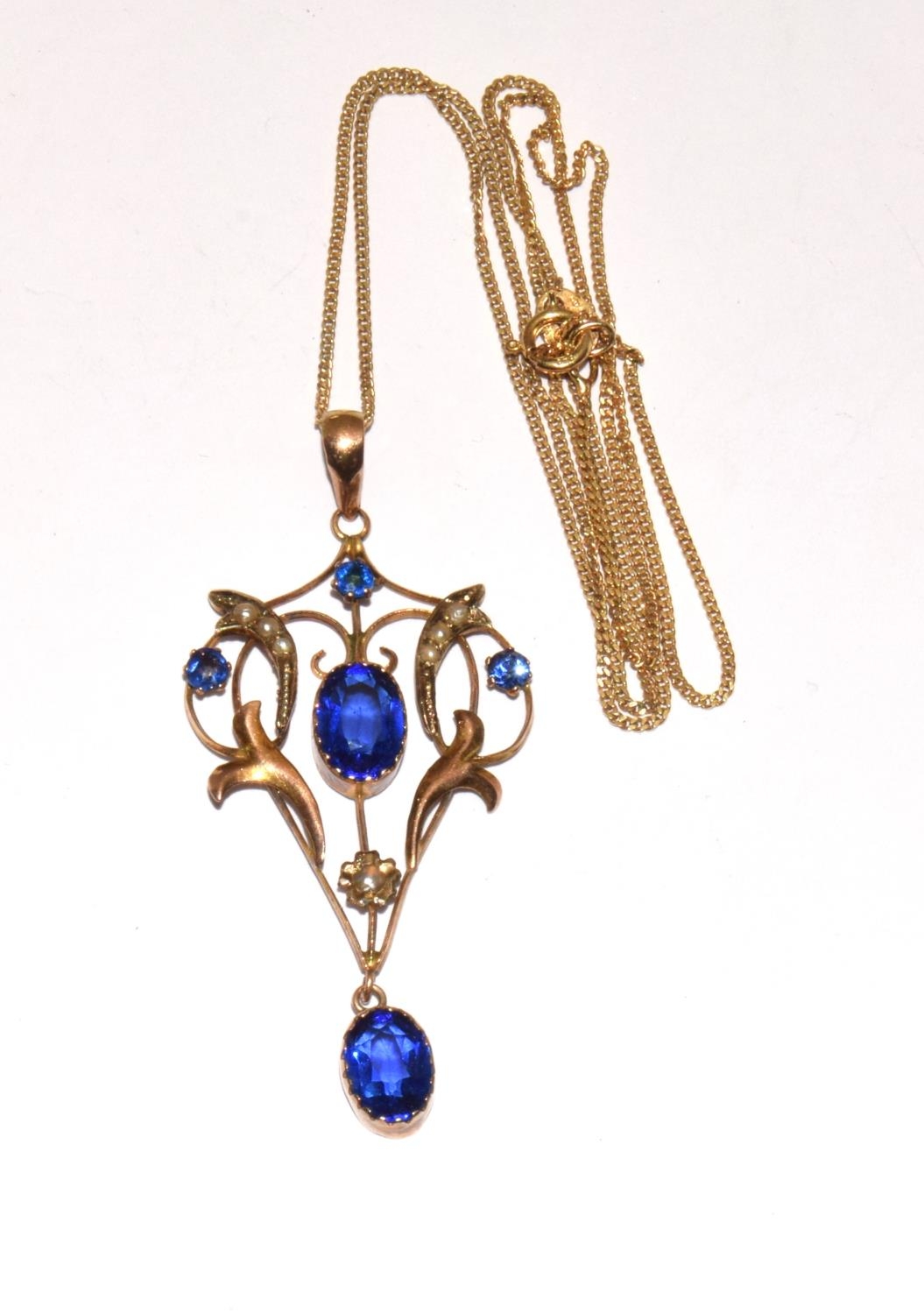 9ct gold Belle Epoque pendant set with blue stones and pearls on a gilded chain