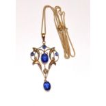 9ct gold Belle Epoque pendant set with blue stones and pearls on a gilded chain