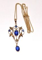 9ct gold Belle Epoque pendant set with blue stones and pearls on a gilded chain