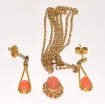 9ct gold Coral pendant necklace and matching earrings suite