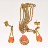 9ct gold Coral pendant necklace and matching earrings suite