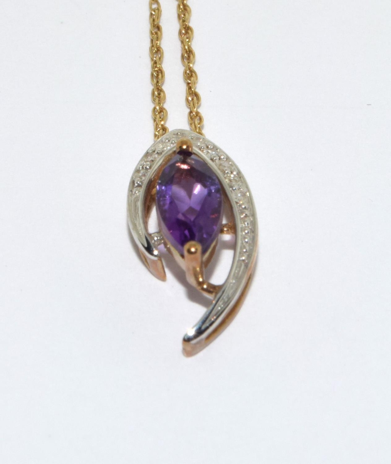 9ct Gold Diamond Marquise Cut Amethyst Earrings, Necklace & Ring Set. Size M - Image 7 of 9