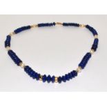 9ct gold clasp Lapiz Lazuli and Pearl necklace with gold bead spacers 40cm long