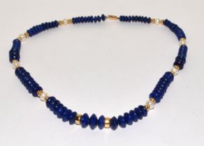 9ct gold clasp Lapiz Lazuli and Pearl necklace with gold bead spacers 40cm long