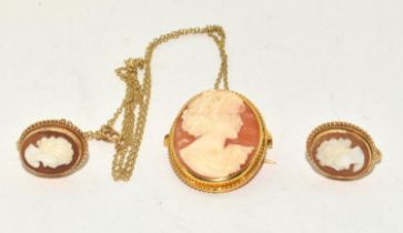 9ct gold suite of Cameo earrings together a Cameo necklace brooch 9g total