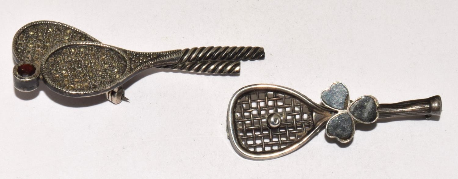 2 x silver hallmarked Marcasite set Tennis racket brooches - Image 3 of 6