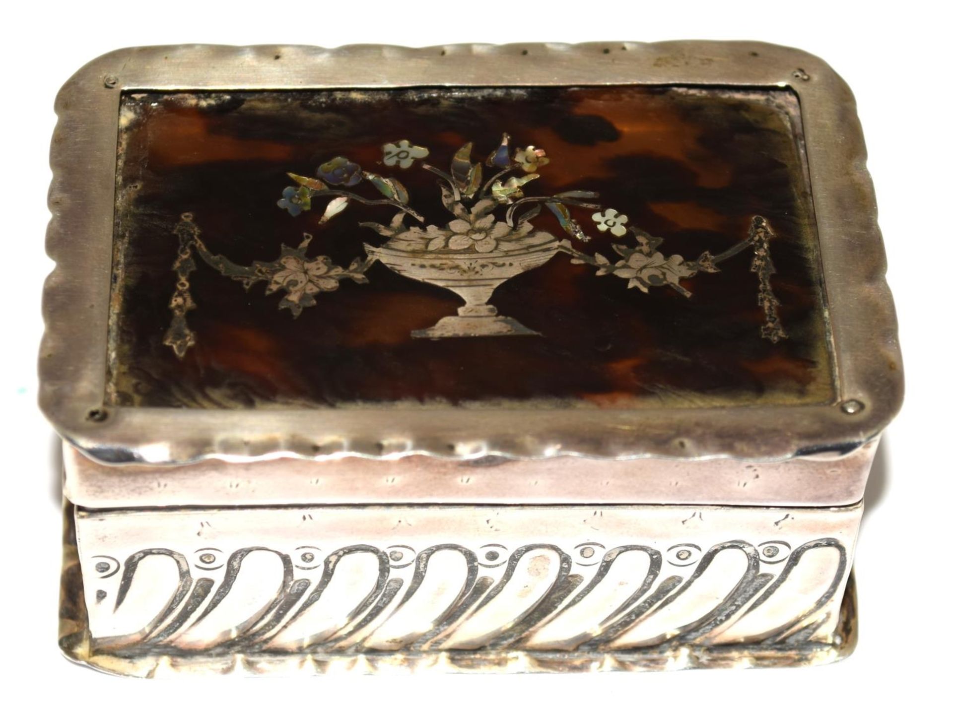 Silver small table top pill box set with Tortoise shell and MOP decorative lid 4x7x5cm